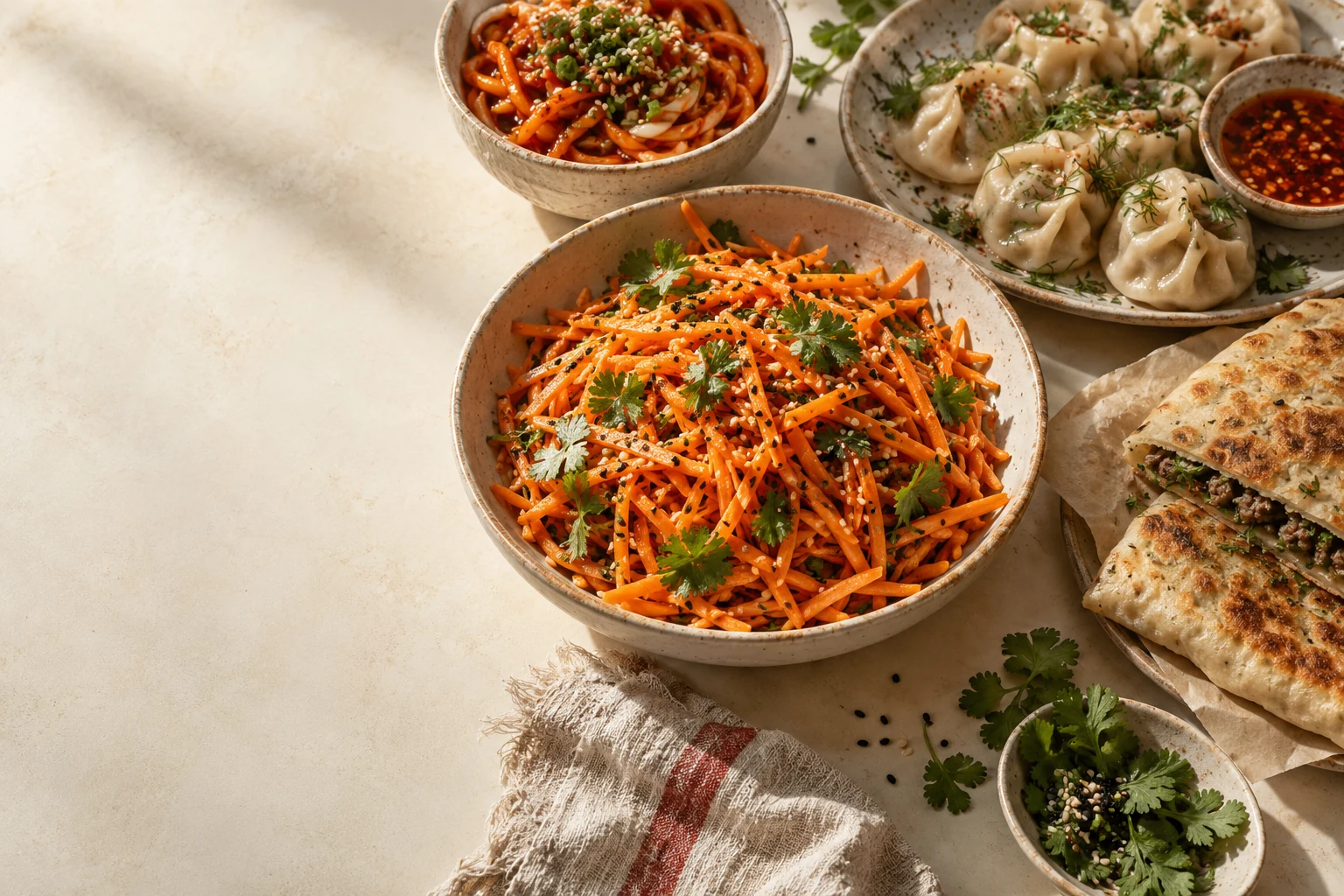 Illustrative still life of carrot salad, dumplings, red-sauced noodles and flatbread on a warm table.